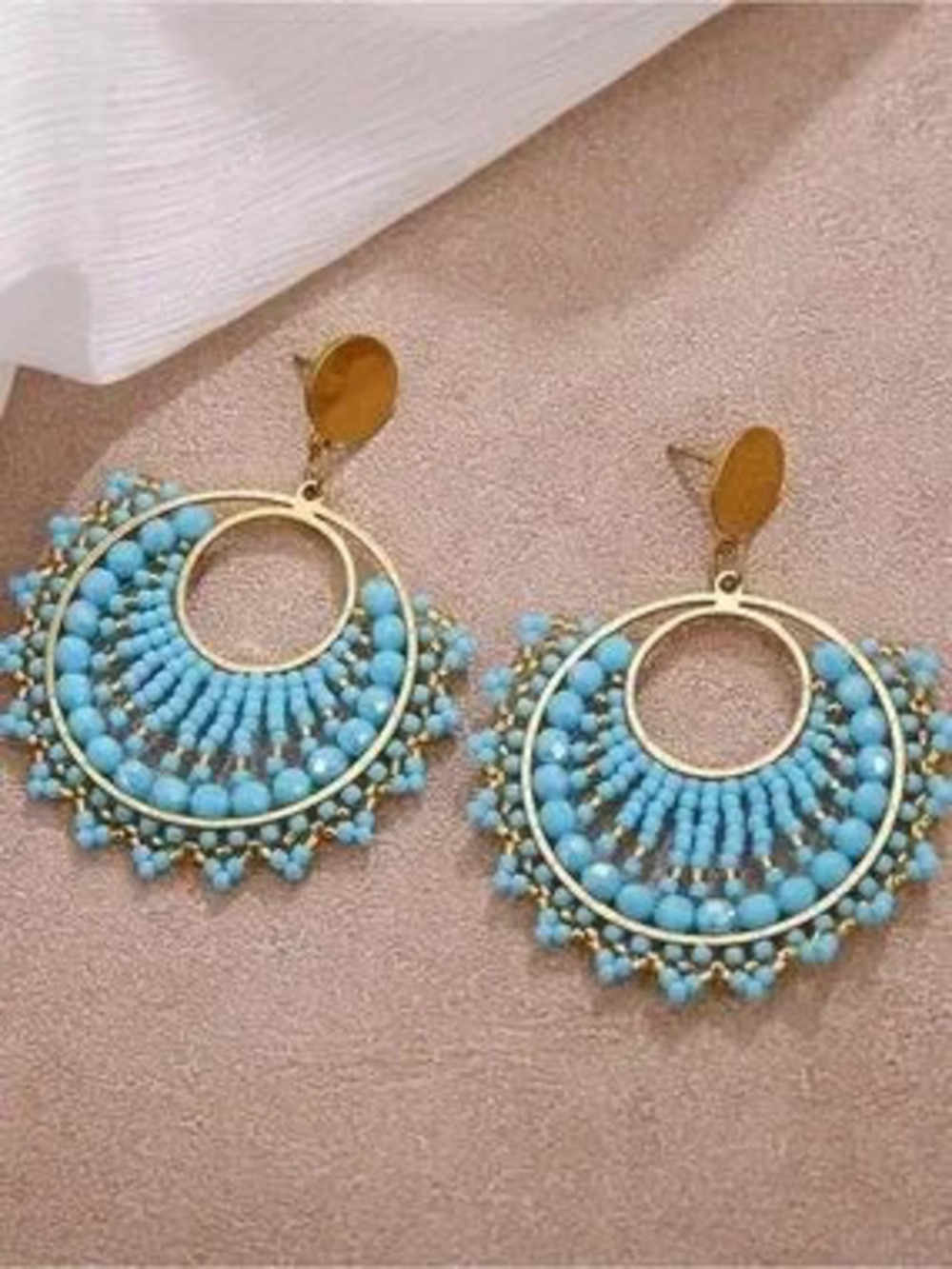 Anthropologie Gold and Turquoise Beaded Hoop Drop Earrings